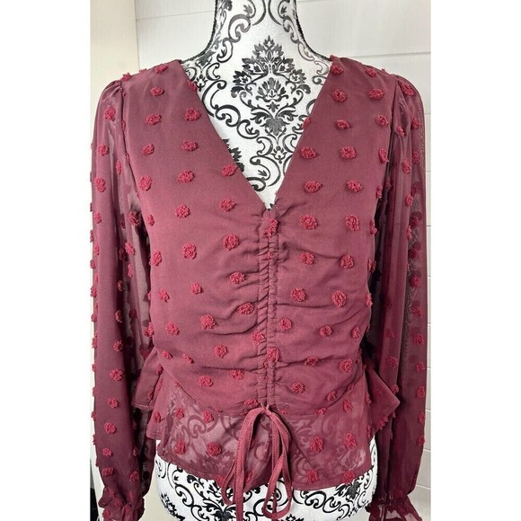 She + Sky Boho Blouse Womens Medium Burgundy Puff Sleeve Ruched Swiss Dot* Flaw - Picture 11 of 14